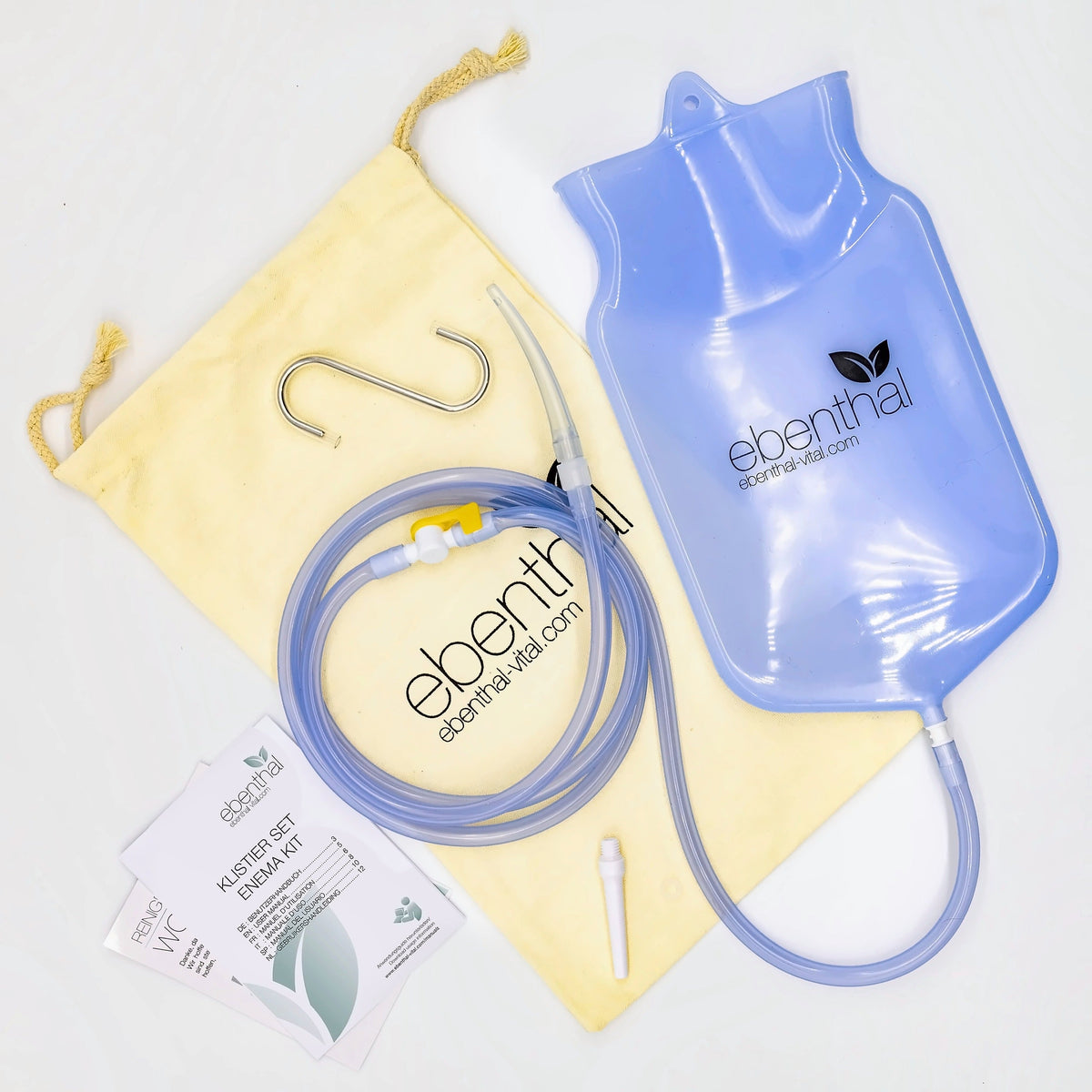 Silikonbeutel 2 Liter mit Haken, Schlauch mit Absperrhahn, Benutzerhandbuch und Baumwollbeutel
