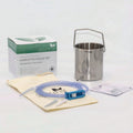 Darmeinlauf Edelstahl-Set 2 Liter: Edelstahlbehälter, Silikonschlauch mit Durchflussregler, Spitzen, Verpackung und Baumwollbeutel