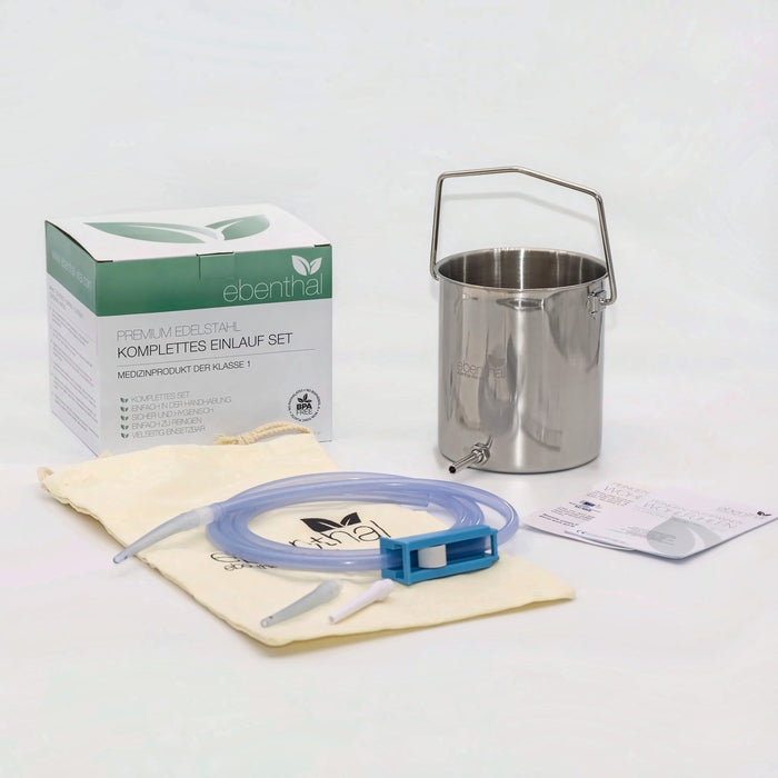 Darmeinlauf Edelstahl-Set 2 Liter: Edelstahlbehälter, Silikonschlauch mit Durchflussregler, Spitzen, Verpackung und Baumwollbeutel